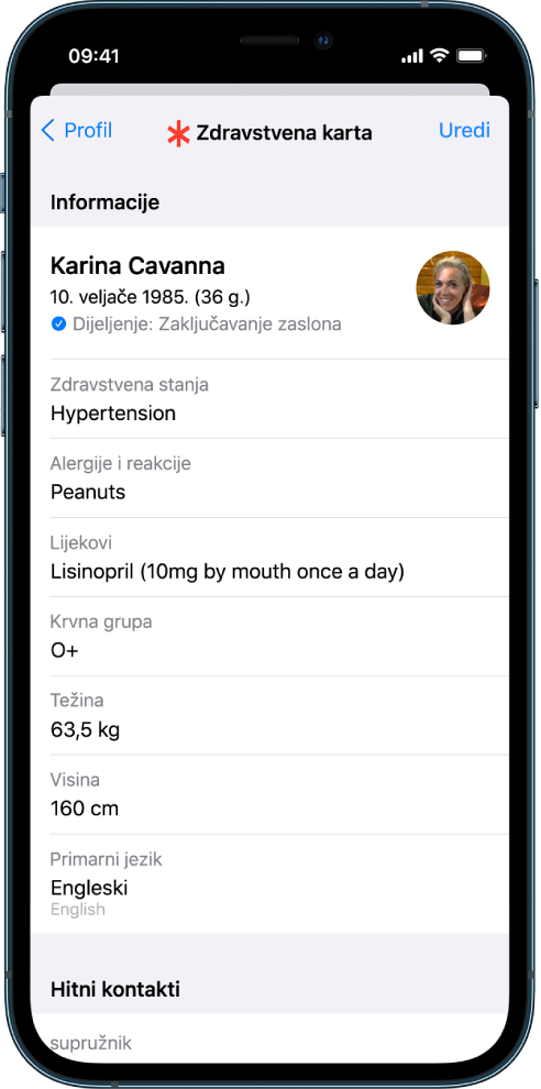 Zaslon zdravstvene karte koji sadrži informacije uključujući datum rođenja, zdravstvena stanja, lijekove i kontakt za slučaj nužde.