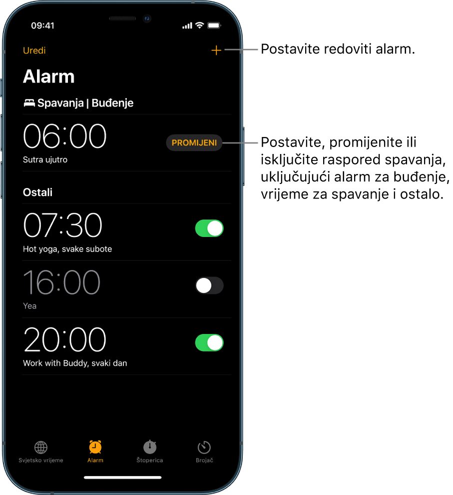Kartica Alarm koja prikazuje četiri alarma podešena na različita vremena, tipku za podešavanje redovitog alarma u gornjem desnom kutu i alarm Buđenje s tipkom za promjenu rasporeda spavanja u aplikaciji Zdravlje.