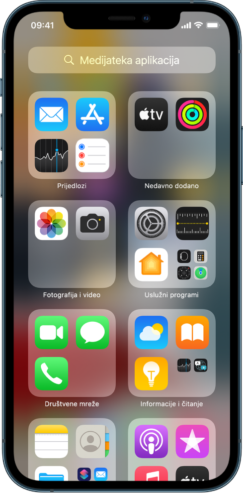 Medijateka aplikacija na iPhoneu prikazuje aplikacije organizirane prema kategorijama (Foto i video, Društvene mreže itd.).