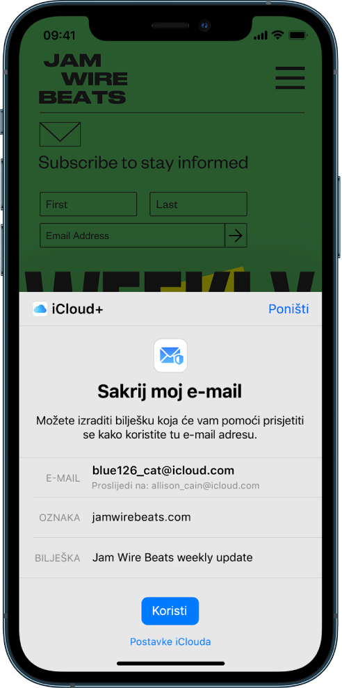 Donja polovica zaslona je opcija Sakrij moj e-mail za iCloud+. Navodi nasumično generirani e-mail, adresu za prosljeđivanje, oznaku i bilješku. Na dnu zaslona nalazi se tipka Koristi i link na postavke iClouda.