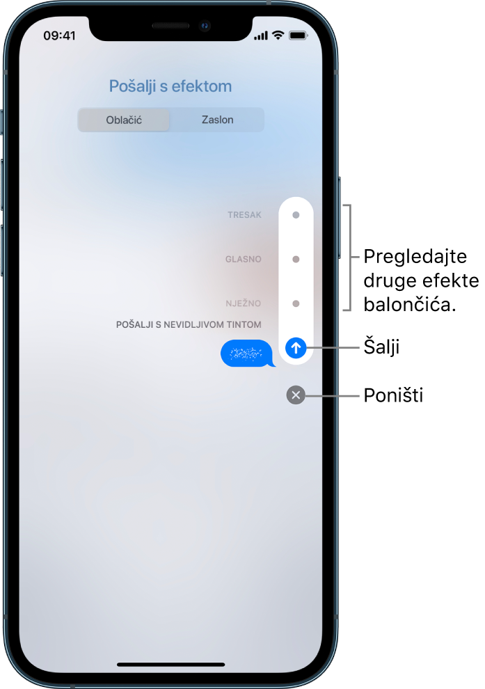 Pregled poruke s efektom nevidljive tinte. Na desnoj strani dodirnite kontrolu za pregled ostalih efekata balončića. Ponovno dodirnite istu kontrolu za slanje ili dodirnite tipku Otkaži koja se nalazi ispod nje za povratak na poruku.