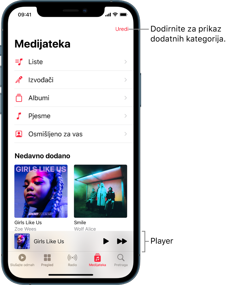 Zaslon Medijateke s prikazom liste kategorija uključujući Reprodukcijske liste, Izvođače, Albume i Pjesme. Ispod liste prikazuje se zaglavlje Nedavno dodano. Svirač s prikazom naziva trenutačne pjesme i tipke za reprodukciju i pomak naprijed prikazuju se na dnu.