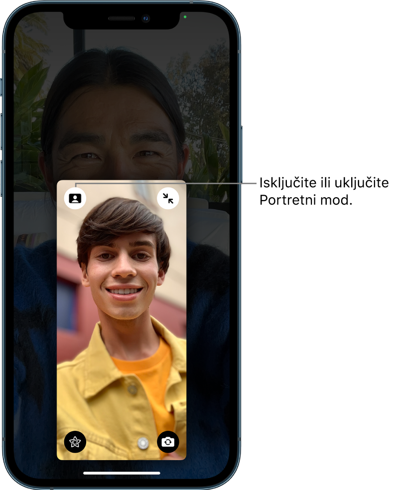 FaceTime poziv s uvećanom pločicom pozivatelja i tipkom za uključenje ili isključenje Portretnog načina rada u gornjem lijevom kutu pločice.