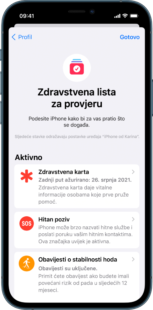 Zaslon Zdravstvena lista za provjeru prikazuje da su Zdravstvena karta i Hitni poziv aktivni.