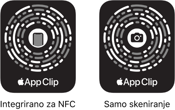 Slijeva, Kôd isječka aplikacije integriran za NFC s ikonom iPhonea u sredini. Zdesna, Kôd isječka aplikacije samo za skeniranje s ikonom kamere u sredini.