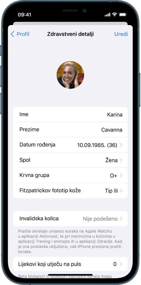 Zaslon Zdravstveni detalji za 36-godišnju žensku osobu.
