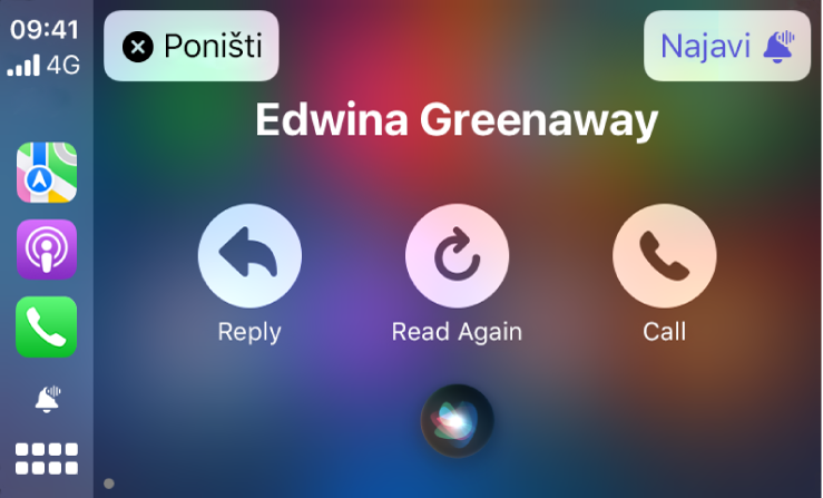 Siri prikazuje opcije Odgovori, Pročitaj ponovno i Poziv za dolaznu tekstualnu poruku u CarPlayu. Gore lijevo je tipka Poništi, a gore desno tipka Najavi.