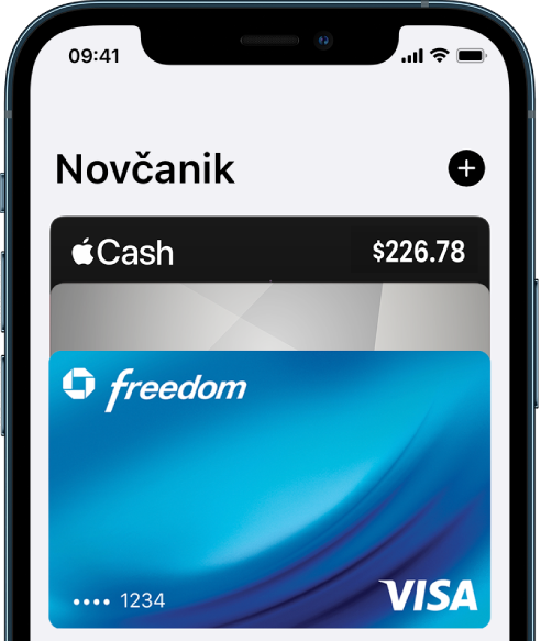Gornja polovica zaslona aplikacije Novčanik koja prikazuje nekoliko kreditnih i debitnih kartica. Tipka Dodaj nalazi se u gornjem desnom kutu.