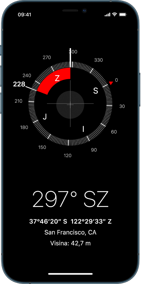 Zaslon Kompasa sa smjerom u kojem je iPhone okrenut, vašom trenutačnom lokacijom i nadmorskom visinom.