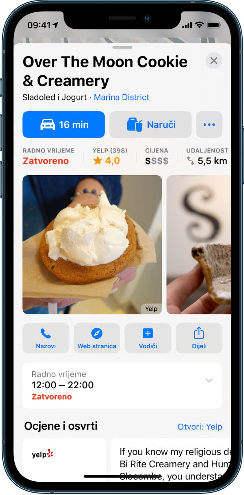 Kartica mjesta za trgovinu sladoledom. Kartica mjesta sadrži tipke za dobivanje uputa i naručivanje.