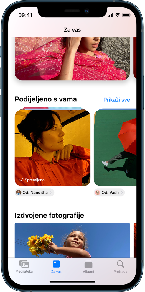 U aplikaciji Foto, zaslon Za vas prikazuje zbirku fotografija Podijeljeno s vama. Ispod svake zbirke nalazi se ime kontakta koji je podijelio fotografije i tipka za odgovaranje tom kontaktu.