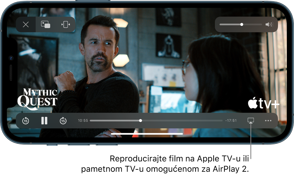 Film se reproducira na iPhone uređaju. Na dnu zaslona nalaze se naredbe reprodukcije, uključujući tipku AirPlay pored dna desno.