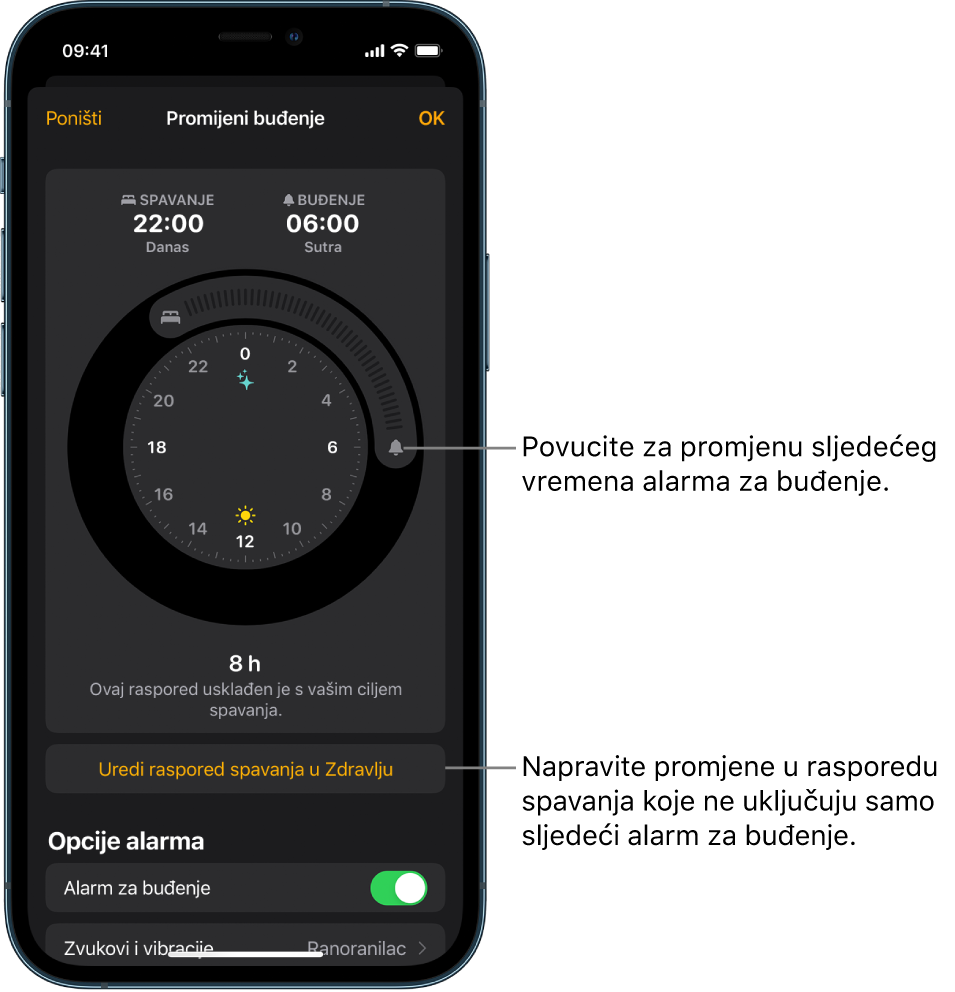 Zaslon za promjenu sutrašnjeg alarma Buđenje s tipkama koje možete povući za promjenu vremena odlaska na spavanje i vremena buđenja, tipkom za promjenu rasporeda buđenja u aplikaciji Zdravlje i tipkom za isključivanje ili uključivanje alarma Buđenje.