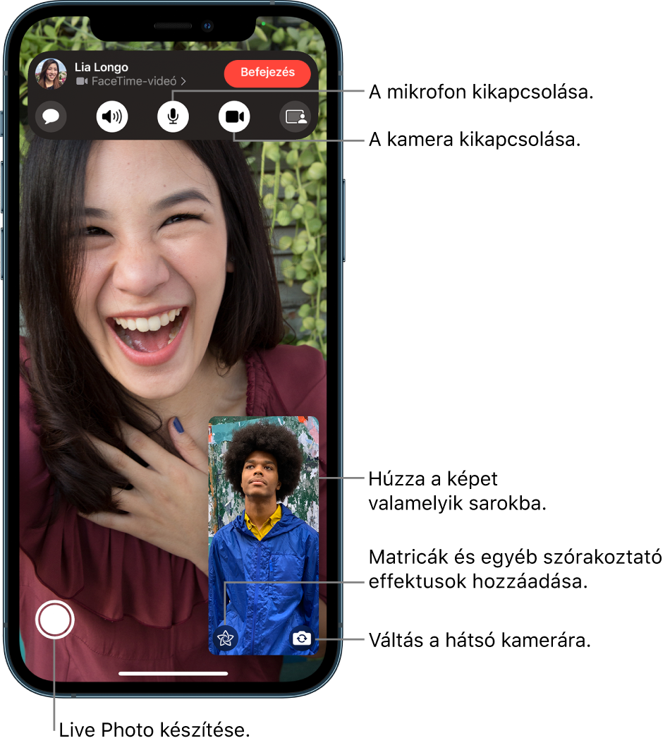 A FaceTime képernyője egy folyamatban lévő hívással. Ön a jobb alsó részen lévő négyzetben jelenik meg, a másik személy pedig a képernyő többi részén látható. A képernyő alján a következő gombok találhatók: Live Photo, Effektek és Váltás a hátsó kamerára. A képernyő tetején a FaceTime-vezérlők gombjai találhatók: Üzenetek megnyitása, Hang, Némítás kikapcsolása, Kamera bekapcsolása és Tartalom megosztása. A vezérlők tetején a beszélgetés másik résztvevőjének a neve és Apple ID-ja, valamint a Kilépés a hívásból gomb látható.