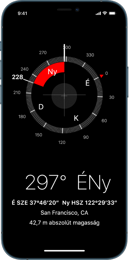 Az Iránytű app képernyője, amelyen az aktuális helyzet és az abszolút magasság látható, ezenkívül az az irány, amely felé az iPhone néz.
