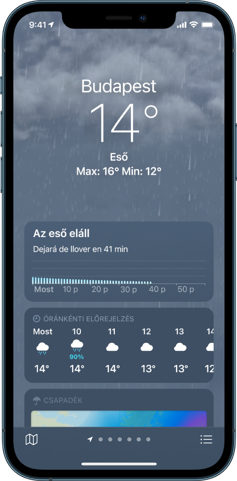 Az Időjárás képernyő, amelynek tetején a helyzet látható, ezenkívül az aktuális hőmérséklet és időjárási körülmény, amely jelenleg az Eső. Alattuk egy diagramon az eső szintje látható a következő órára vonatkozóan tízperces bontásban. Alatta az óránkénti előrejelzés és a csapadéktérkép látható. A jobb alsó sarokban található a Helyek listája gomb, a bal alsó sarokban pedig a Térkép megjelenítése gomb.