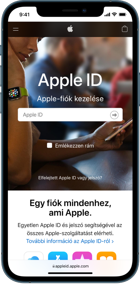 A Safari képernyője, amelyen keresztül bejelentkezhet az Apple ID-fiókjába.