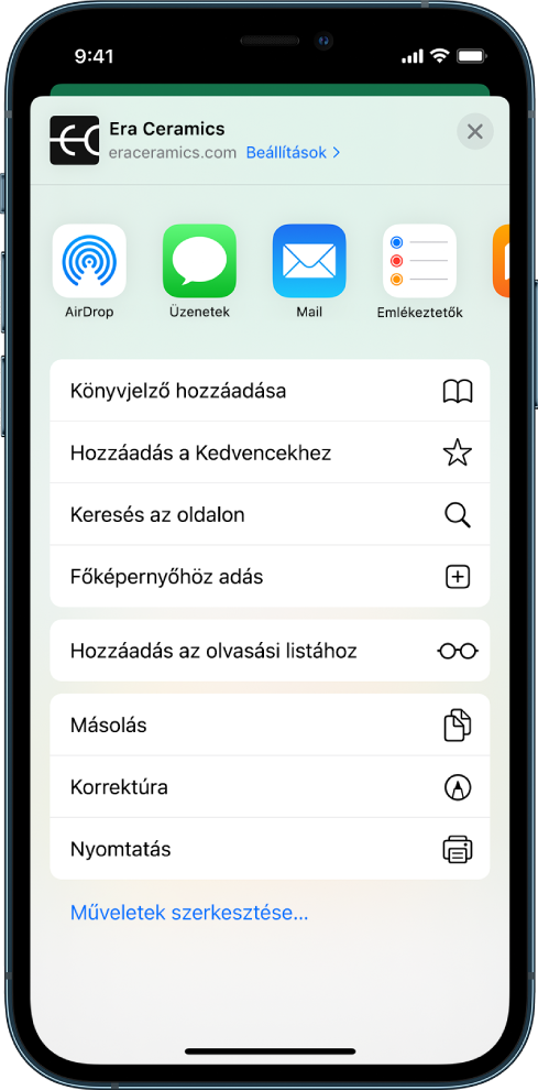 A Megosztás menü. Felül a linkek megosztásához használható appok jelennek meg. Alul egyéb opciók láthatók, többek között a Könyvjelző hozzáadása, a Hozzáadás a kedvencekhez, a Keresés az oldalon, a Hozzáadás a Főképernyőhöz és a Hozzáadás az olvasási listához.