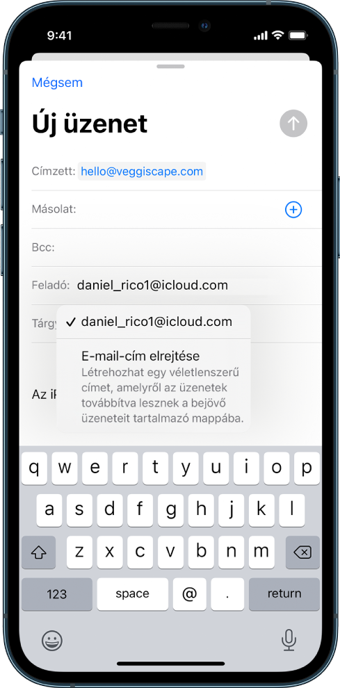 Egy vázlatos e-mail-üzenet. A Feladó mező kijelölve látható, alatta pedig két lehetőség jelenik meg: egy személyes e-mail-cím és az E-mail-cím elrejtése opció.