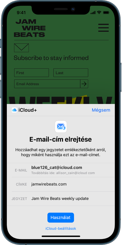 A képernyő alsó felén az iCloud+ szolgáltatás E-mail-cím elrejtése funkciója látható. Megjeleníti a véletlenszerűen létrehozott e-mail-címet, továbbítási címet, ezenkívül egy címkét és egy jegyzetet. A képernyő alján a Használat gomb és az iCloud-beállítások megnyitásához használható link jelenik meg.