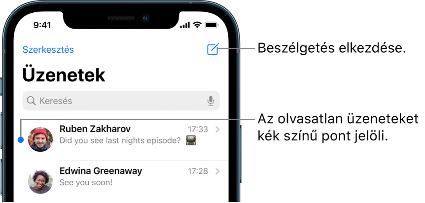 Az üzenetek listája, a bal felső részen a Szerkesztés gombbal, a jobb felső részen pedig az Írás gombbal. Az üzenetek bal oldalán lévő kék pont azt jelzi, hogy az adott üzenet olvasatlan.