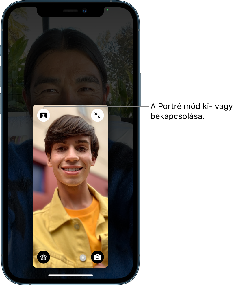 Egy FaceTime a hívó kinagyított csempéjével, ahol egy gomb látható a cím, bal felső sarkában a Portré mód ki- vagy bekapcsolásához.