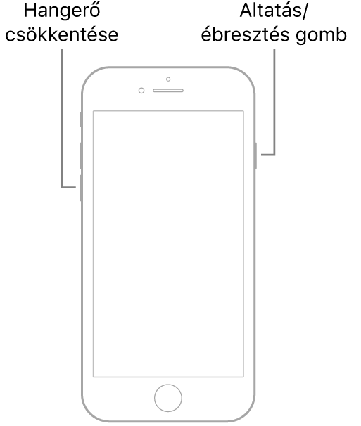 Az iPhone 7 modell, amelynek képernyője felfelé néz. A hangerőcsökkentő gomb az eszköz bal oldalán található, az Altatás/Ébresztés gomb pedig a jobb oldalon.
