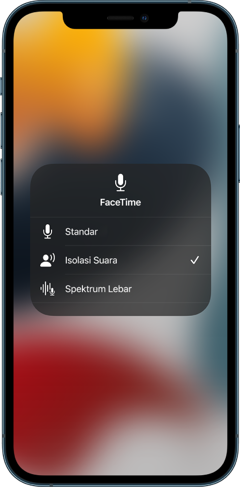 Pengaturan Mode Mik Pusat Kontrol untuk panggilan FaceTime, menampilkan pengaturan audio Standar, Isolasi Suara, dan Spektrum Lebar.