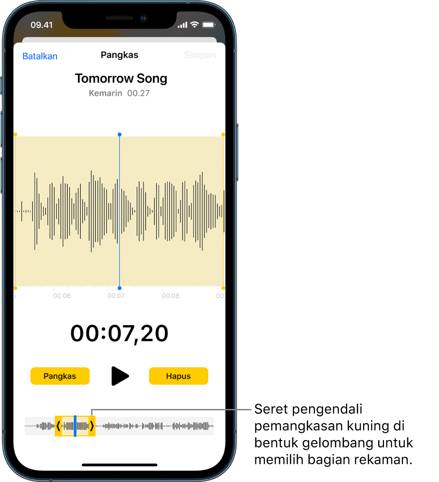 Rekaman sendang dipangkas, dengan pengendali pemangkasan kuning melampirkan bagian bentuk gelombang audio di bagian bawah layar. Tombol Putar dan timer rekaman muncul di atas bentuk gelombang. Pengendali pemangkasan berada di bawah tombol Putar. Tombol Pangkas untuk menghapus bagian rekaman di luar pengendali, dan tombol Hapus untuk menghapus bagian rekaman di dalam pengendali, terdapat di sisi tombol Putar.