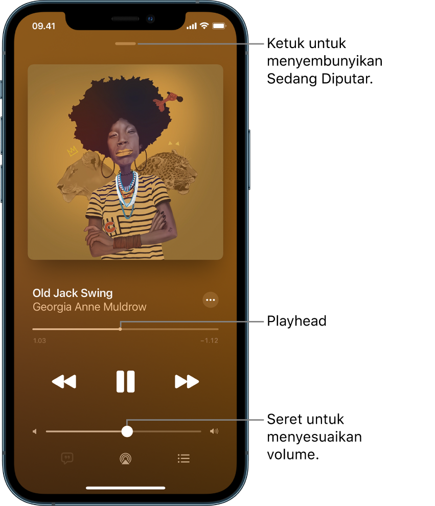 Layar Sedang Diputar menampilkan gambar album. Di bagian bawah terdapat judul lagu, nama artis, tombol Lainnya, pemutaran, kontrol pemutaran, penggeser volume, tombol Lirik, tombol Tujuan Pemutaran, dan tombol Antrean. Tombol Sembunyikan Sedang Diputar berada di bagian atas.