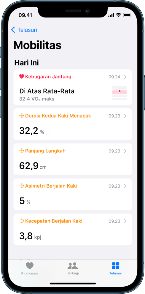 Kategori Mobilitas dengan data mengenai kebugaran jantung, durasi kedua kaki menapak, panjang langkah, asimetri berjalan kaki, dan kecepatan berjalan kaki.