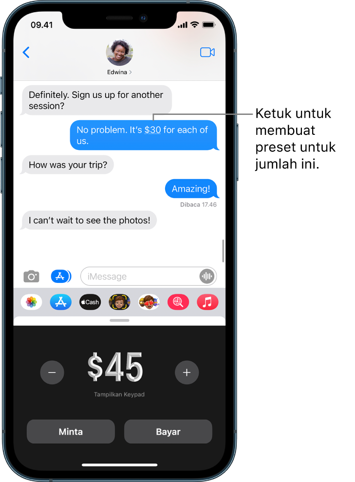 Percakapan iMessage dengan app Apple Pay dibuka di bagian bawah.