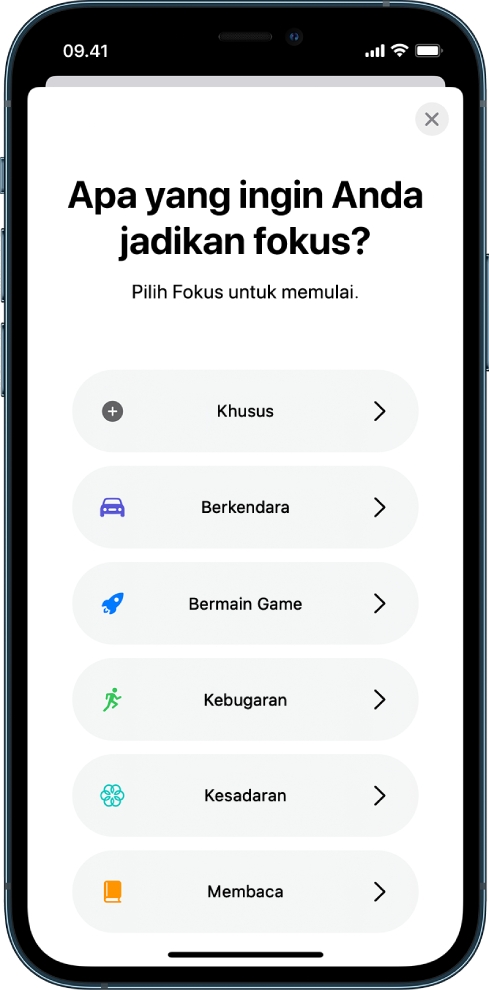 Layar pengaturan Fokus untuk salah satu pilihan Fokus tambahan yang disediakan, termasuk Khusus, Berkendara, Kebugaran, Bermain Game, Kesadaran, dan Membaca.