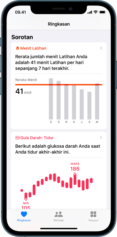 Layar Ringkasan menampilkan sorot yang meliputi menit latihan dan gula darah saat tidur.