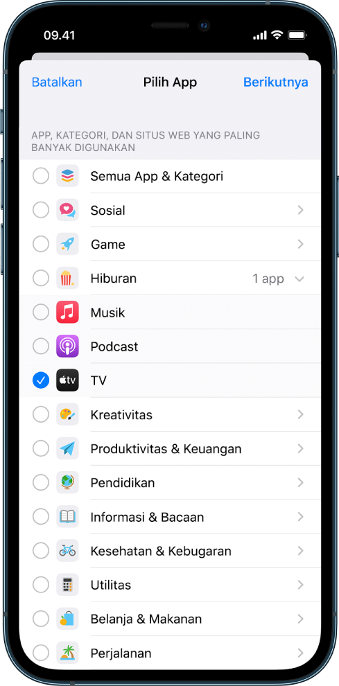 Layar Pilih App di Pengaturan > Durasi Layar. Layar diisi dengan app, kategori, dan situs web yang paling banyak digunakan yang dapat dipilih. Tombol Batalkan terdapat di pojok kiri atas, dan tombol Berikutnya ada di pojok kanan atas.