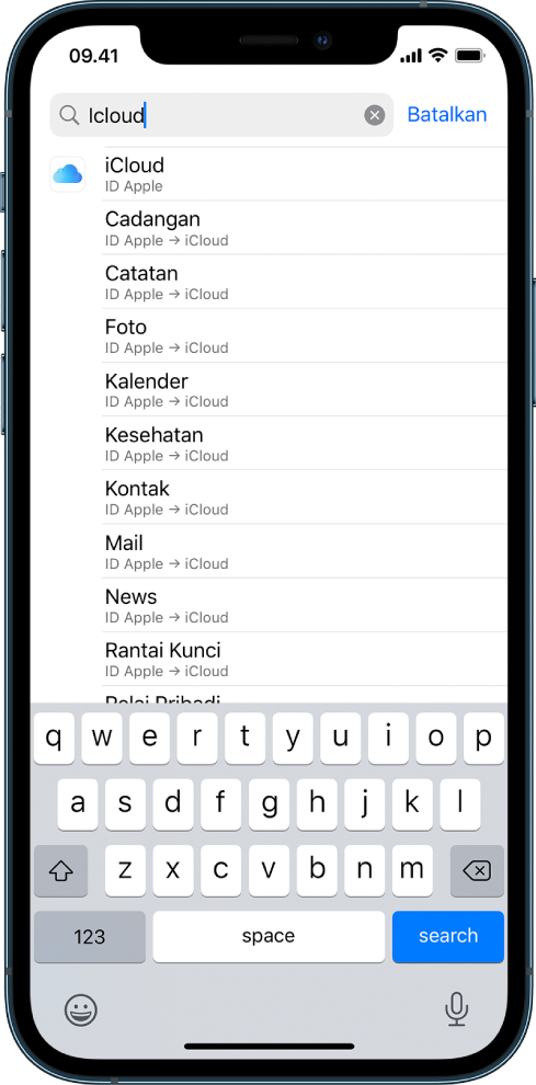 Layar pengaturan pencarian, dengan bidang pencarian di bagian atas. Istilah pencarian “iCloud” ada di bidang pencarian, dan pengaturan yang ditemukan ada di daftar di bawah.