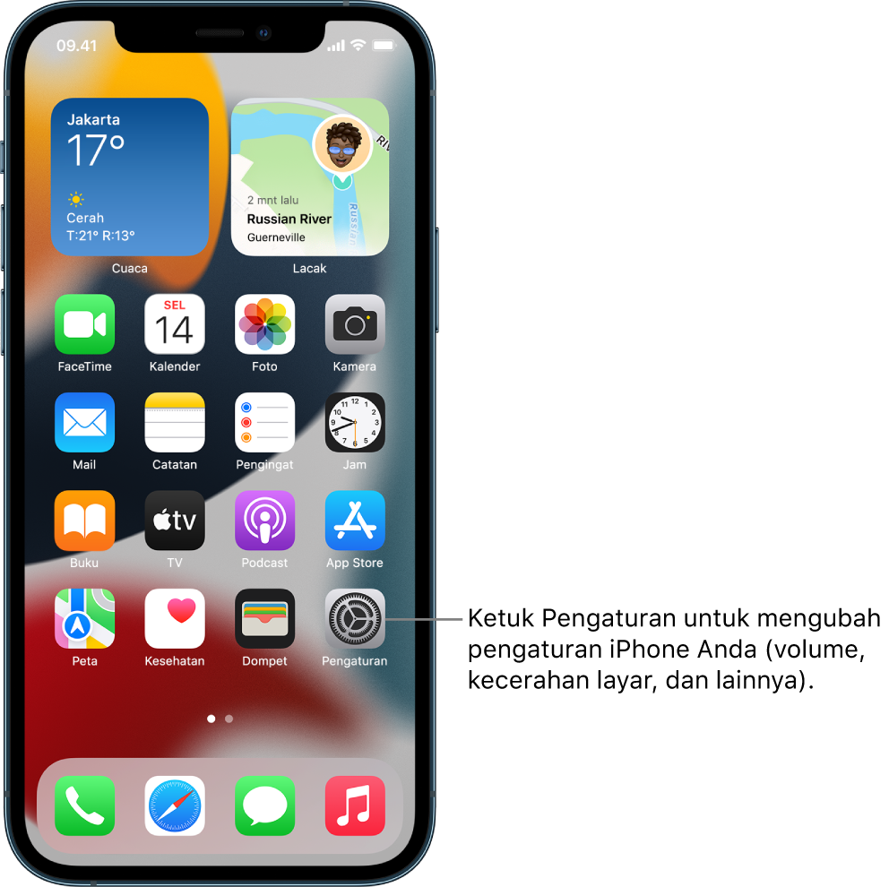 Layar Utama dengan beberapa ikon app, meliputi ikon app Pengaturan, yang dapat Anda ketuk untuk mengubah volume bunyi, kecerahan layar iPhone Anda, dan lainnya.