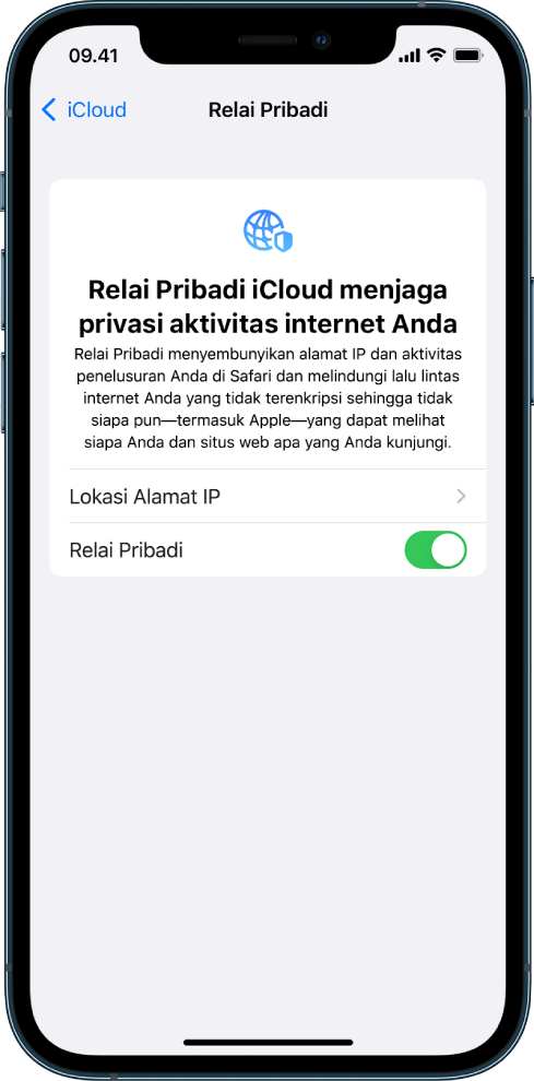 Layar Pengaturan untuk menyalakan atau mematikan Relai Pribadi.