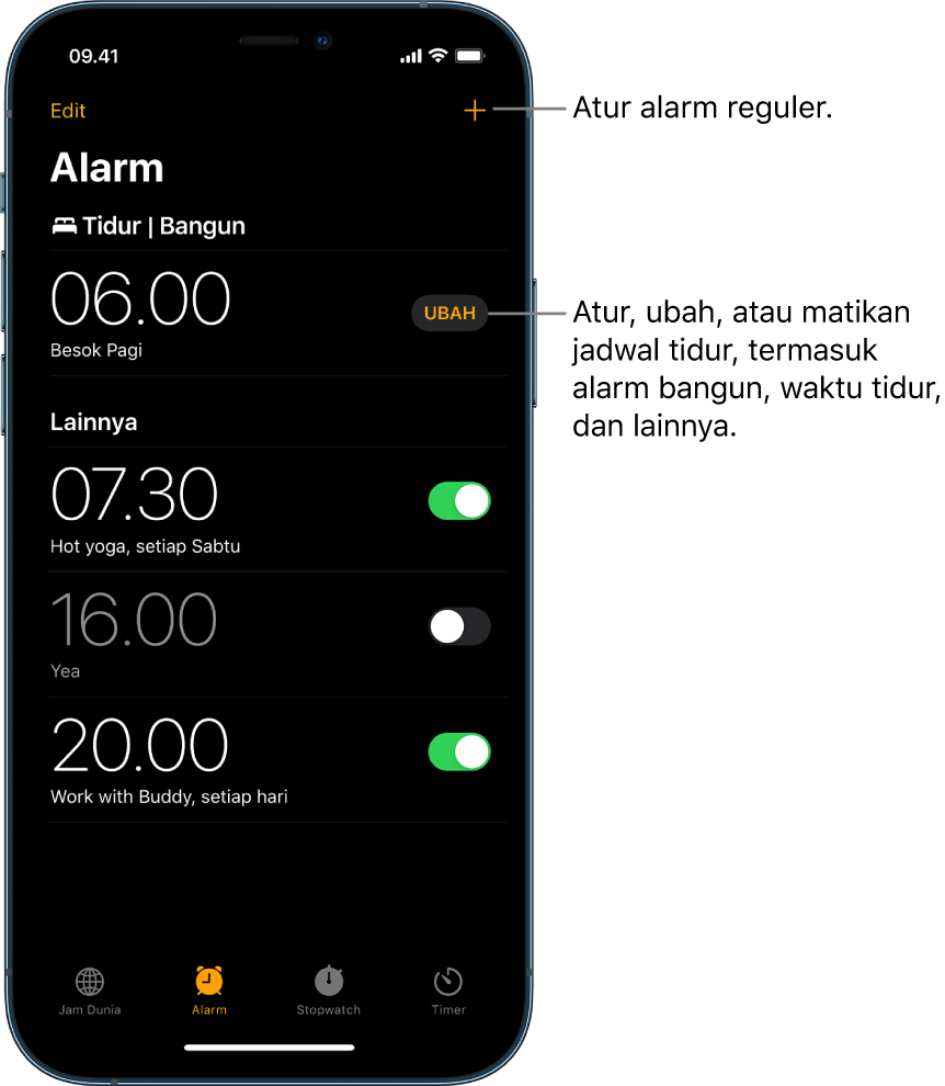 Tab Alarm, menampilkan empat alarm yang diatur untuk berbagai waktu, tombol untuk mengatur alarm reguler di kanan atas, alarm Bangun dengan tombol untuk mengubah jadwal tidur di app Kesehatan.