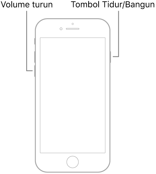 Ilustrasi iPhone 7 dengan layar menghadap ke atas. Tombol volume turun ditampilkan di sisi kiri perangkat, dan tombol Tidur/Bangun ditampilkan di sebelah kanan.
