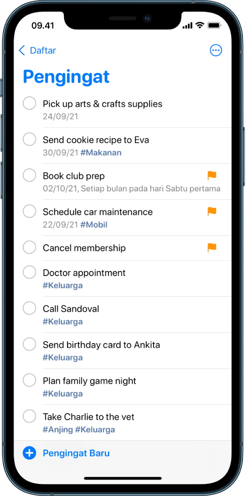 Layar Pengingat menampilkan daftar yang harus dilakukan. Tombol Pengingat Baru ada di kiri bawah.