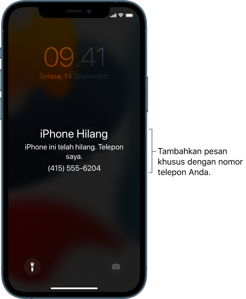 Layar Terkunci iPhone dengan pesan: “iPhone Hilang. iPhone ini telah hilang. Hubungi saya. (415) 555-6204.” Anda dapat menambahkan pesan khusus dengan nomor telepon Anda.