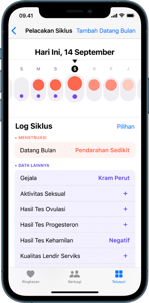 Layar Pelacakan Siklus di app Kesehatan.