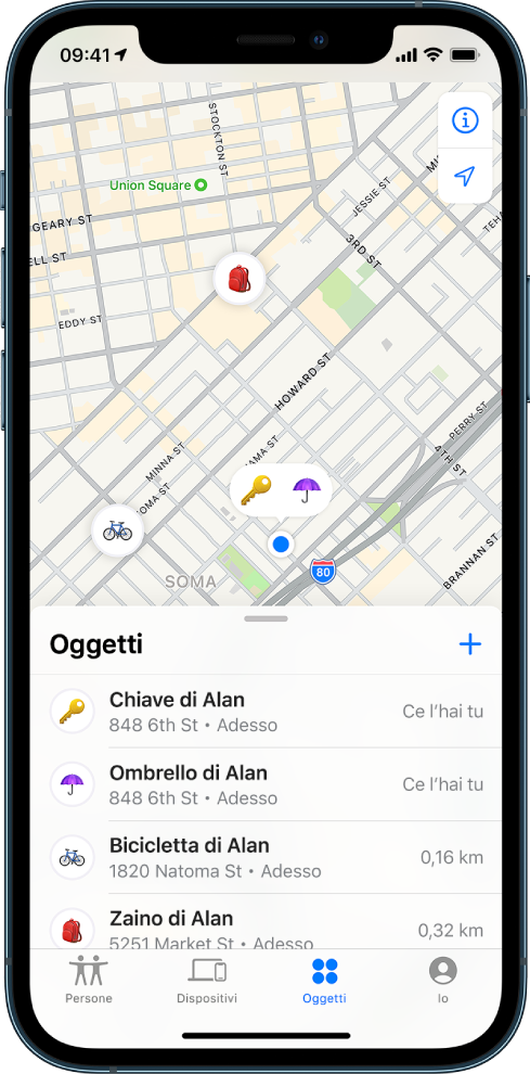 La schermata di Dov'è aperta sull'elenco Oggetti. Nell'elenco sono visibili quattro oggetti: “Chiavi di Alessio”, “Ombrello di Alessio”, “Bici di Alessio” e “Zaino di Alessio”. Le loro posizioni sono mostrate su una mappa di San Francisco.