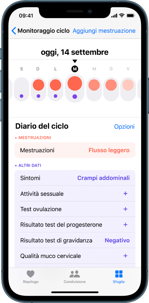La schermata “Monitoraggio ciclo” nell’app Salute.