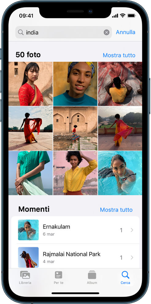 La schermata Cerca popolata di suggerimenti di foto quando la parola India viene inserita nel campo di ricerca nella parte superiore dello schermo.