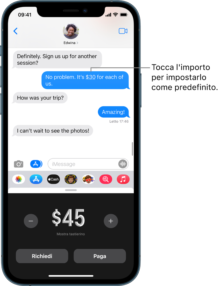 Una conversazione iMessage con l’app Apple Pay aperta in basso.