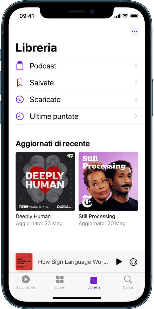Il pannello Libreria che mostra i podcast seguiti di recente.