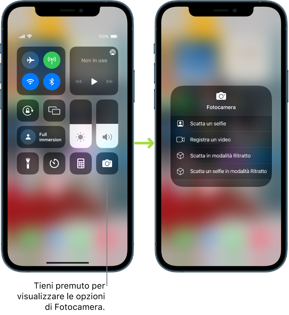 Due schermate di Centro di Controllo una accanto all'altra. Quella sulla sinistra mostra i controlli per la modalità “Uso in aereo”, per i dati cellulare, per il Wi-Fi e per il Bluetooth nel gruppo in alto a sinistra. In basso a destra è presente l'icona di Fotocamera. La schermata sulla destra mostra più opzioni nel menu delle azioni rapide per Fotocamera. “Scatta selfie”, “Registra video”, “Scatta foto in modalità Ritratto” e “Scatta selfie in modalità Ritratto”.