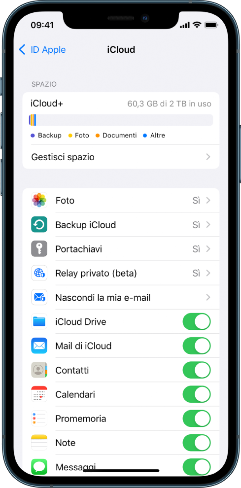 La schermata delle impostazioni di iCloud che mostra la barra dello spazio di archiviazione disponibile e un elenco di app e funzioni, tra cui Mail, Contatti e Messaggi, che possono essere utilizzati con iCloud.